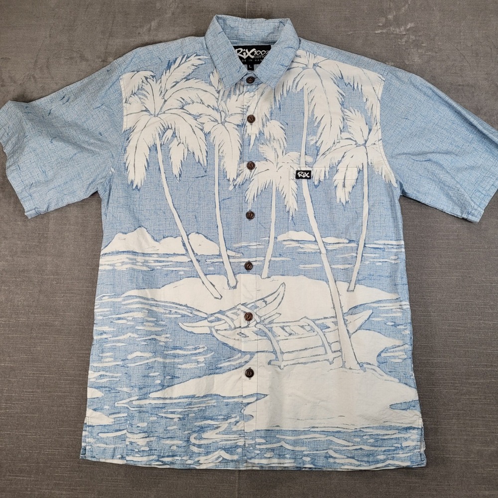Rix Hawaiian Print Button‎ Down Shirt Men's Large Blue White Palm Tree Canoe